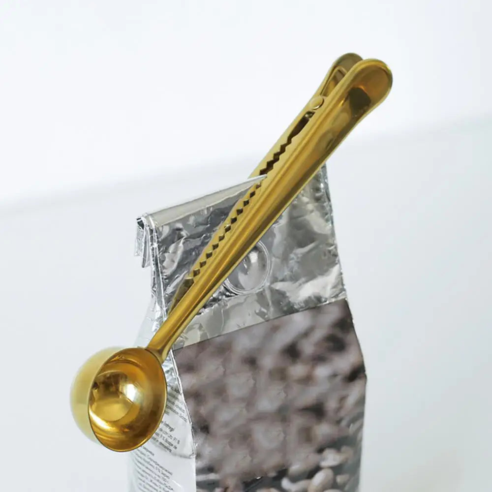 Stainless Steel Measuring Scoop with Bag Sealing Clip for Coffee Beans Tea Leaves Kitchen Storage Organization Silver Gold Black Rose Gold