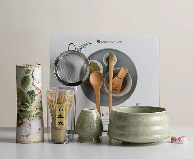 Ceramic Matcha Tea Set | 8-Piece Sakura Design with Bamboo Whisk & Frother | Complete Tools for Authentic Preparation