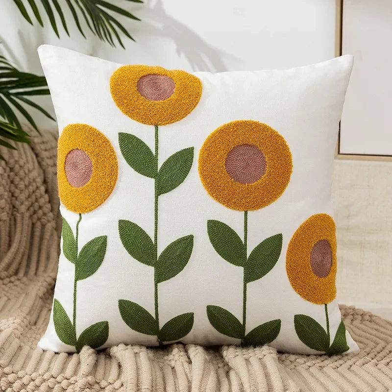 Floral Embroidered Throw Pillow Cover 18x18 Inches Cotton Canvas White Decorative Cushion Case for Couch Bed Chair Farmhouse Modern Living R