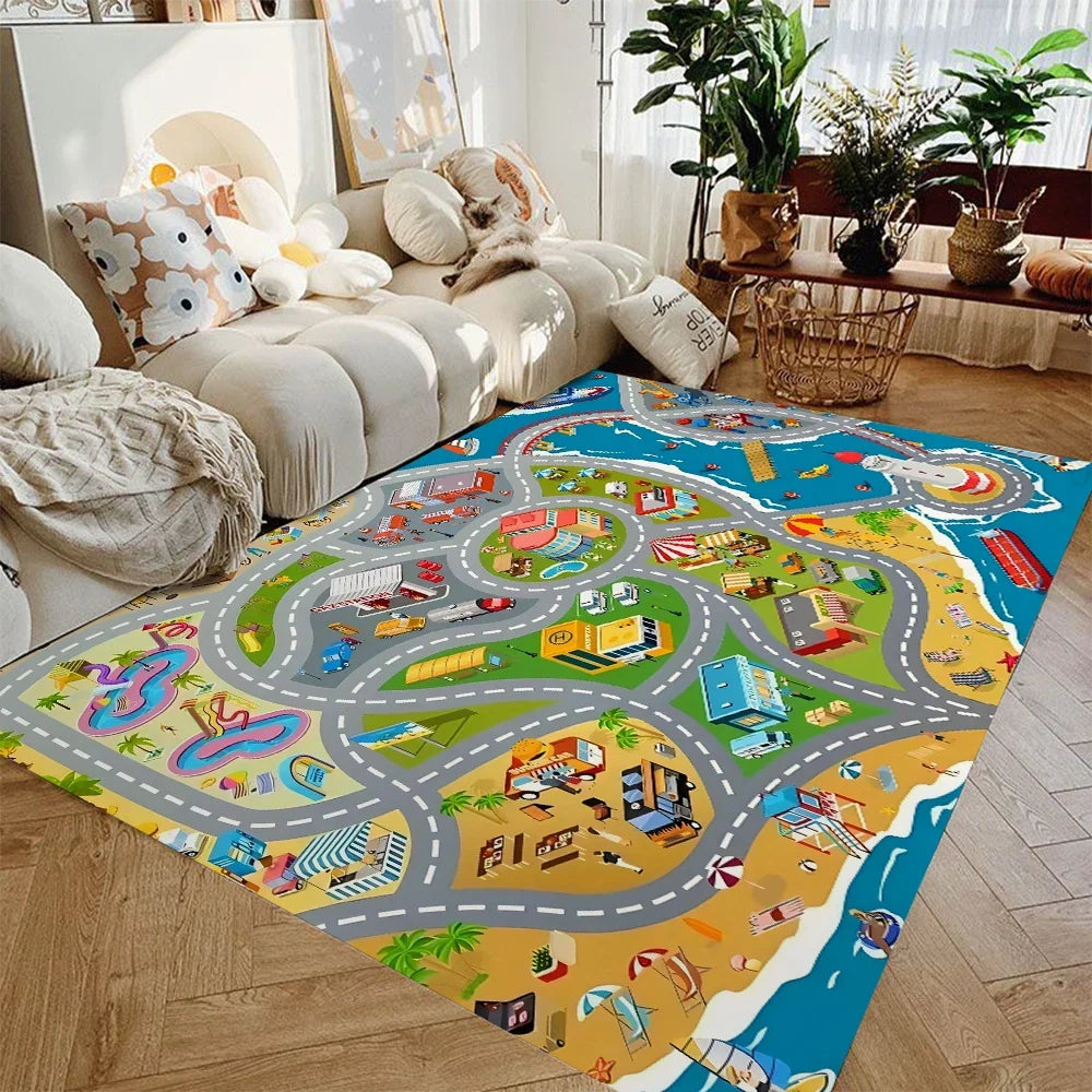 Kids Road Map Area Rug Soft Flannel Non-Slip City Streets for Toy Cars Playroom Bedroom Nursery 4 ft × 5 ft Washable Floor Mat for Toddlers