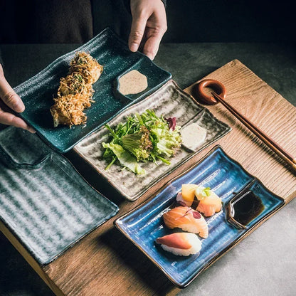 Handcrafted Rectangular Dish with Sauce Well 9×5 Inches White Glazed Dinnerware for Sushi Nigiri Sashimi Japanese Appetizers Tableware