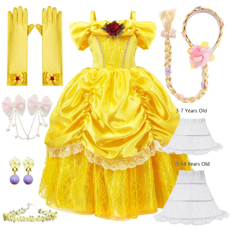Girls Princess Gown Costume with Tiara and Gloves – Complete Belle-Inspired Dress-Up Set for Birthday Parties, Halloween, Cosplay & Special