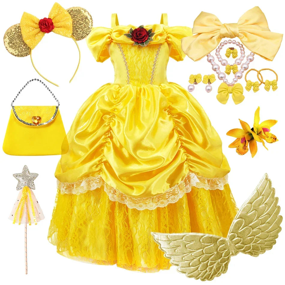 Girls Princess Gown Costume with Tiara and Gloves – Complete Belle-Inspired Dress-Up Set for Birthday Parties, Halloween, Cosplay & Special