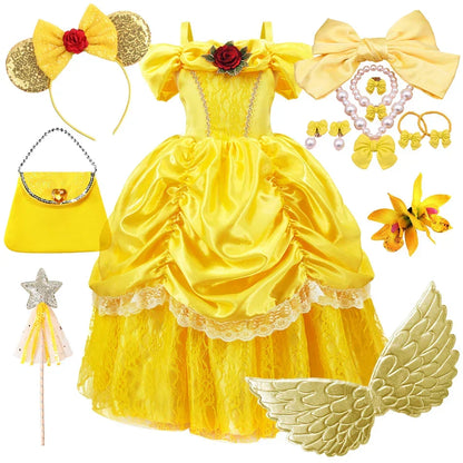 Girls Princess Gown Costume with Tiara and Gloves – Complete Belle-Inspired Dress-Up Set for Birthday Parties, Halloween, Cosplay & Special