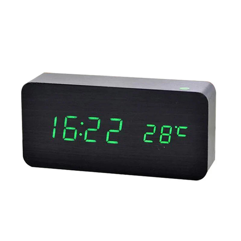 Wood Grain Digital Alarm Clock with LED Display – Silent No-Tick Design for Bedroom, Nightstand & Desk – Battery or USB Powered Timepiece