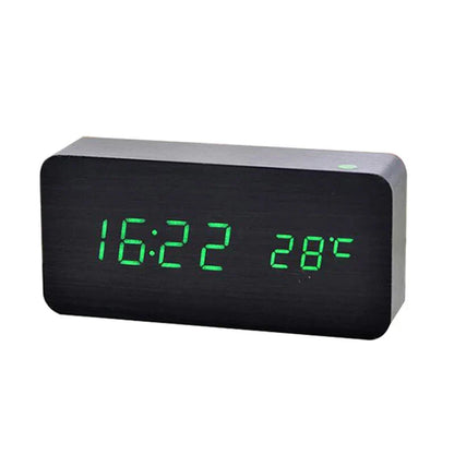 Wood Grain Digital Alarm Clock with LED Display – Silent No-Tick Design for Bedroom, Nightstand & Desk – Battery or USB Powered Timepiece