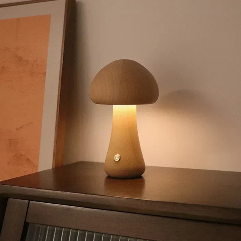 Rechargeable LED Mushroom Night Light with Touch Dimmer for Bedside, Nursery & Kids Room | Cordless Wooden Lamp