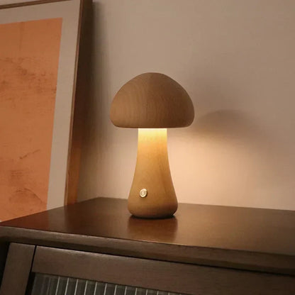 Rechargeable LED Mushroom Night Light with Touch Dimmer for Bedside, Nursery & Kids Room | Cordless Wooden Lamp