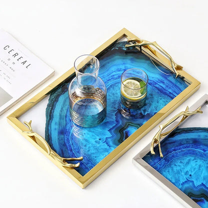 Glass Decorative Tray with Agate Design – 16-Inch Round & Rectangular Platter for Dining Room, Coffee Table, Vanity Display