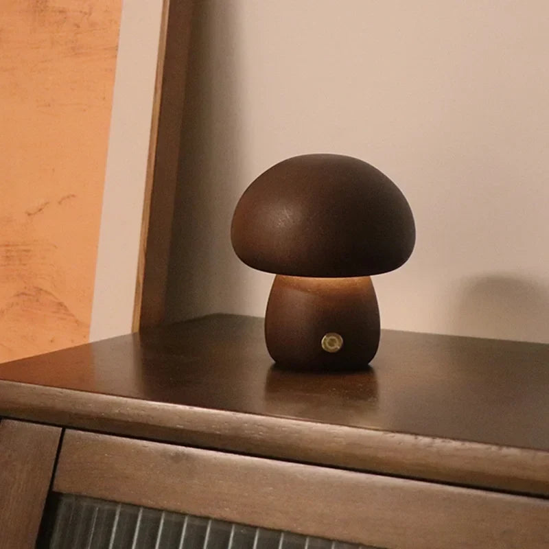 Rechargeable LED Mushroom Night Light with Touch Dimmer for Bedside, Nursery & Kids Room | Cordless Wooden Lamp