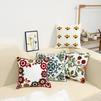 Floral Embroidered Throw Pillow Cover 18x18 Inches Cotton Canvas White Decorative Cushion Case for Couch Bed Chair Farmhouse Modern Living R
