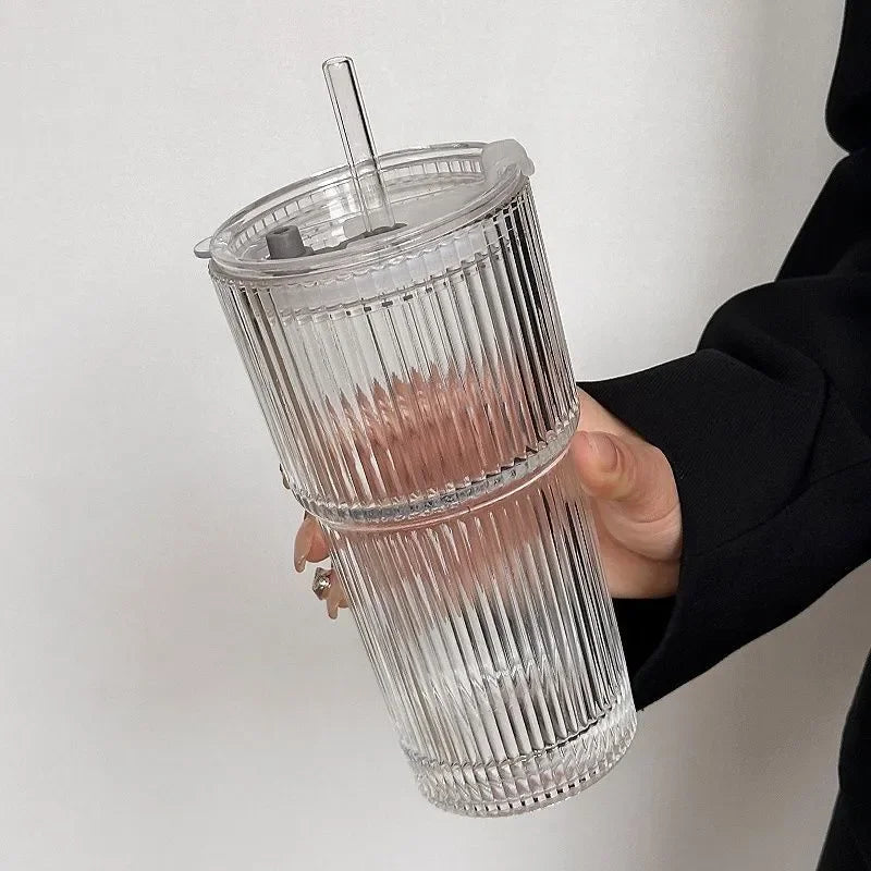 Glass Travel Tumbler with Straw & Lid for Coffee, Tea & Juice - Insulated Borosilicate Cup with Ribbed Design - Reusable Portable Drinkware