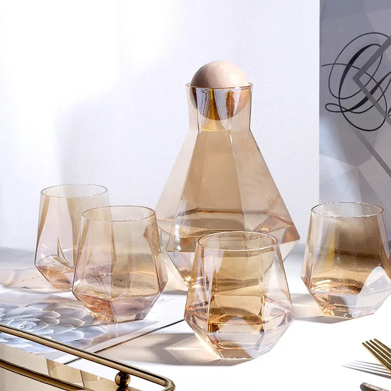 Crystal-Clear Beverage Pitcher & Tumbler Set with Geometric Faceted Design for Home Bar, Kitchen & Dining Room Entertaining