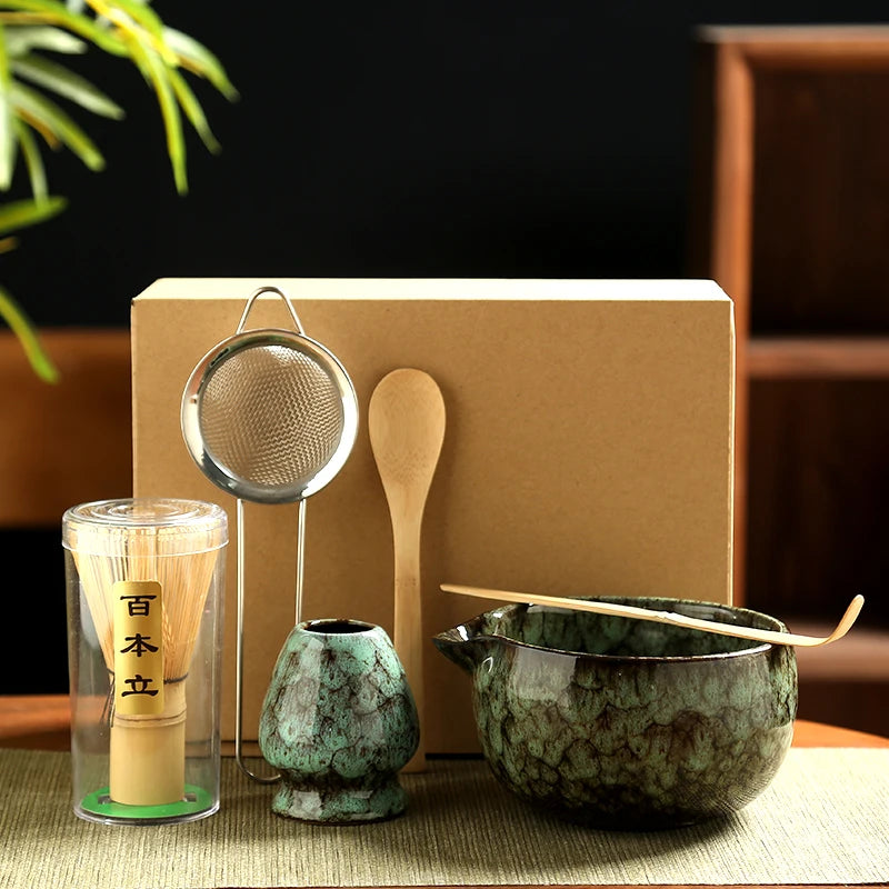 Ceramic Matcha Tea Set with Bamboo Whisk & Strainer | 6-Piece Essential Tools for Authentic Preparation