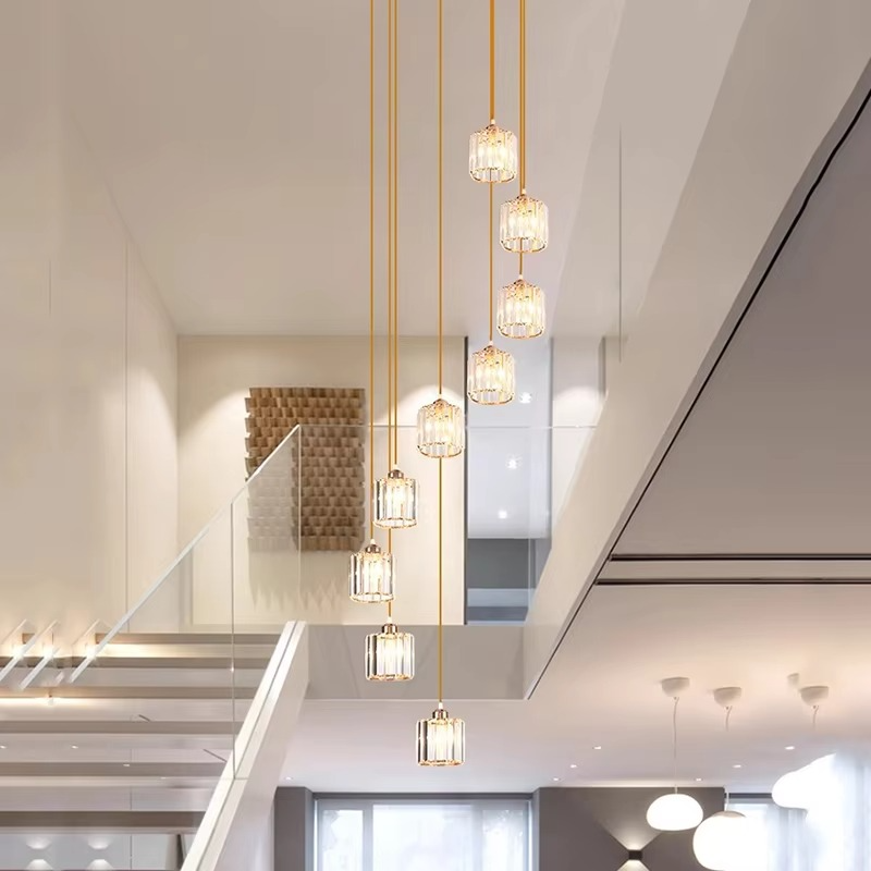 Multi-Tier Hanging Fixture with Crystal Droplets & Brass Frame for Two-Story Foyer, Dining Room, Stairwell – Adjustable Height Spiral Arrang