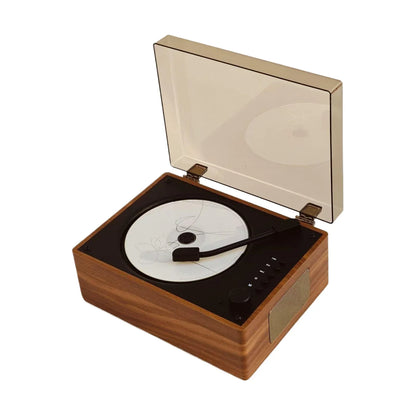 Compact Desktop Audio System Wireless Bluetooth 5.1 Disc Player Walnut Wood Design USB AUX Built-In Speaker 2000mAh Rechargeable Battery Rem