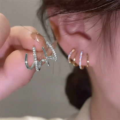 Multi-Hoop Ear Crawler Studs with Cubic Zirconia – Four-Band Layered Earrings for Women – Elegant Stacked Hoop Look Without Extra Piercings