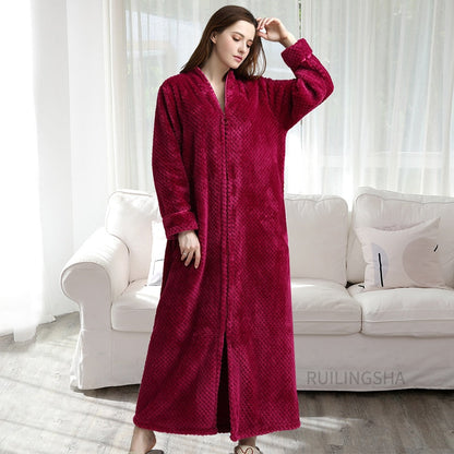 Zippered Fleece Bathrobe for Women & Men Hooded & Non-Hooded Thermal Lounge Robe with Pockets Soft Lightweight Warmth