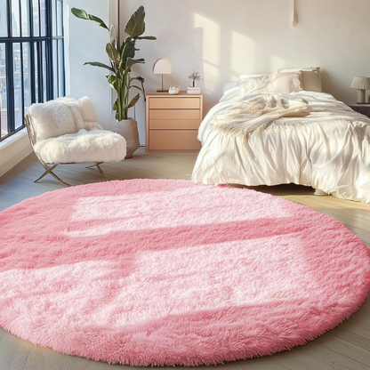 Round Shag Area Rug 59 Inch – Ultra Soft Plush Circle Carpet for Living Room Bedroom Playroom Nursery – Non-Slip Backing Machine Washable