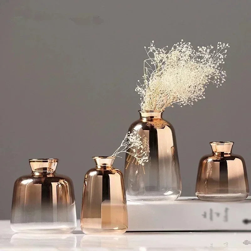 Rose Gold Glass Bud Vase 4 Inch Tall Metallic Gradient Floral Holder Tabletop Accent Small Decorative Vessel for Fresh Cut Flowers & Dried S