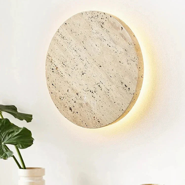 Round Stone Wall Sconce with Integrated Warm LED Light for Bedroom Hallway Living Room Modern Minimalist Travertine Fixture Indoor Ambient L
