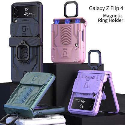 Foldable Phone Protective Cover with Magnetic Kickstand Ring for Samsung Galaxy Z Flip 4 & Z Flip 3 – Dual-Layer Shockproof Design