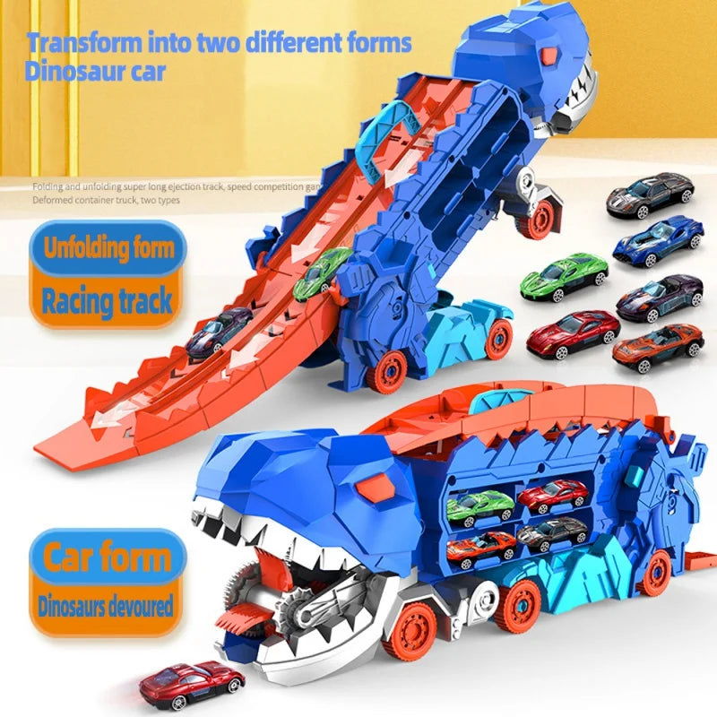 Transforming Dinosaur Race Track Playset with Storage for Mini Cars – 2-in-1 Dino Racetrack Toy for Kids Ages 3+