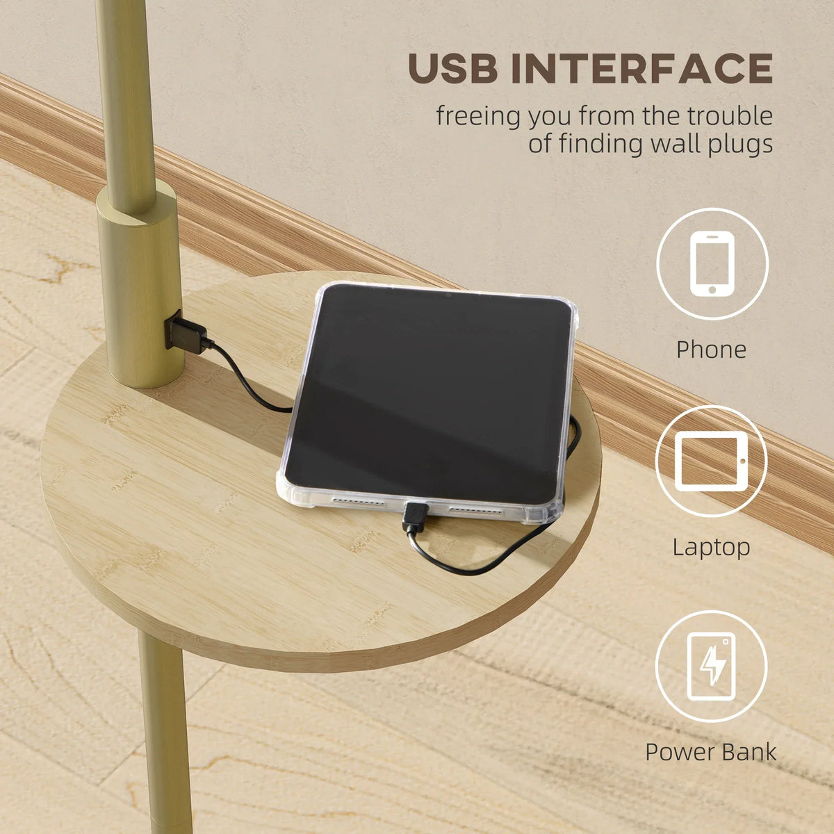 Arc Floor Lamp with Bamboo Shelf and USB Charging Port 67 inch Gold Steel Frame Beige Linen Shade Reading Light for Bedroom Living Room Home
