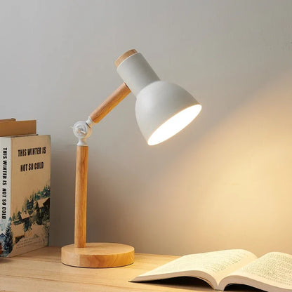 Swivel Wood Task Lamp with Metal Shade for Desks & Nightstands – E27 Socket Adjustable Reading Light