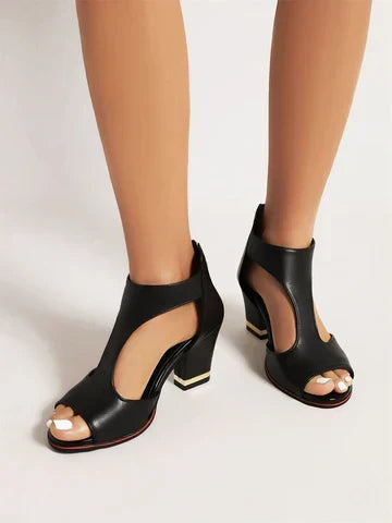 Women's Block Heel Strappy Sandals Open Toe Cutout Design Zip-Back for Summer Weddings Black Pink White Red Beige Sizes US 5-10