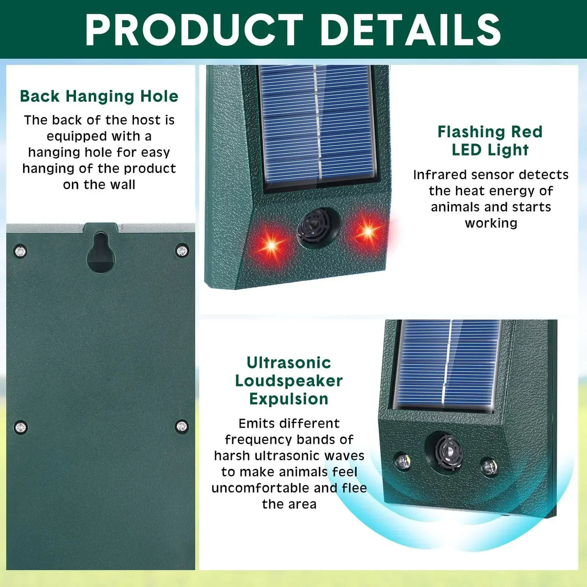 Solar Bird Repeller with Motion Sensor & LED Strobe Light | Ultrasonic Pest Deterrent for Gardens, Patios & Yards | Weatherproof 600 sq ft