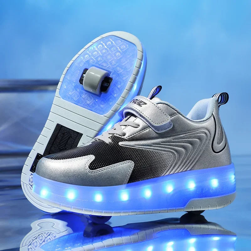 Kids Light-Up Skate Sneakers with Wheels Pink LED Roller Shoes Velcro Strap Boys Girls Youth Rechargeable Glowing Athletic Footwear