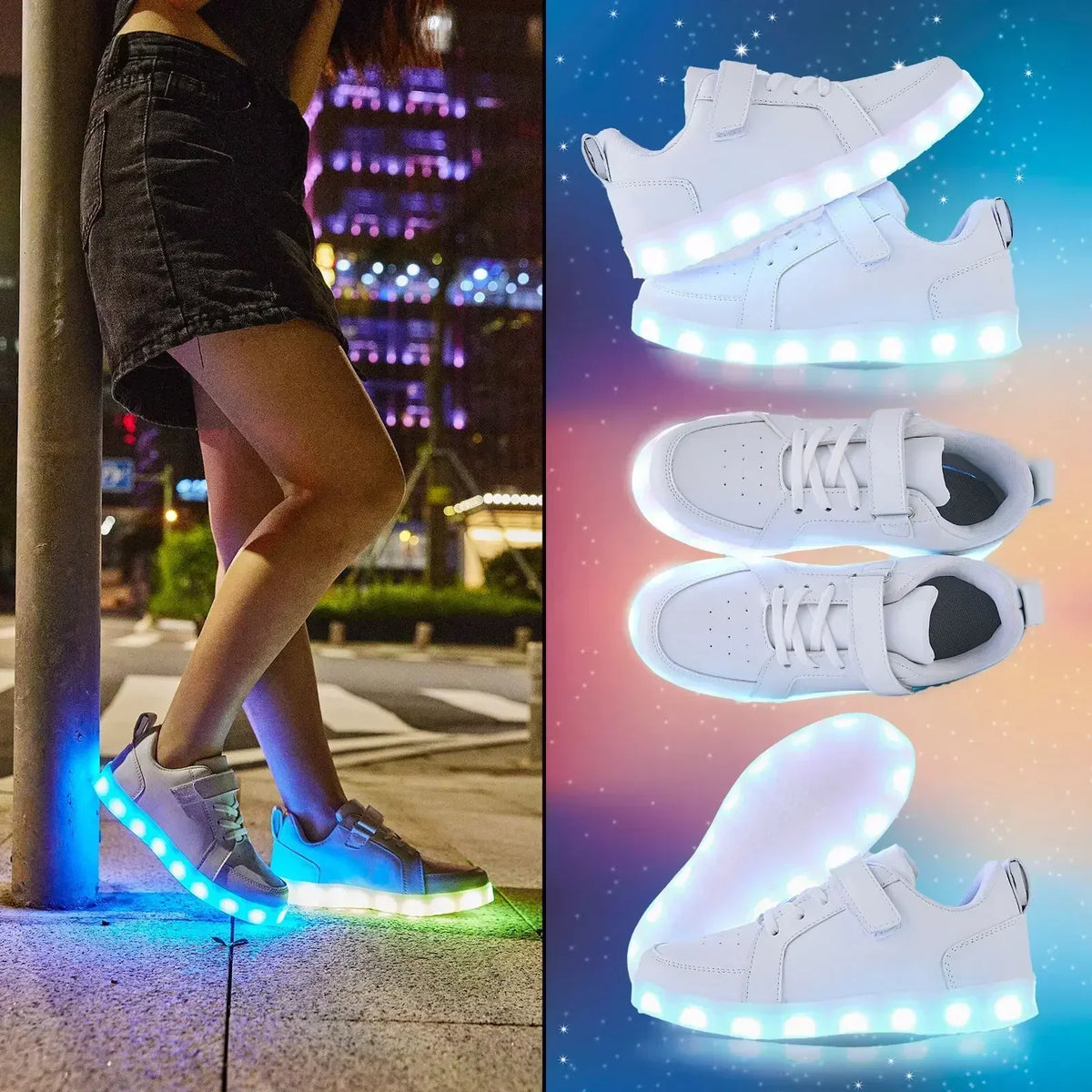 Kids LED Sneakers with Hook-and-Loop Strap – Light-Up Shoes for Boys & Girls | Athletic Footwear with Flashing Lights