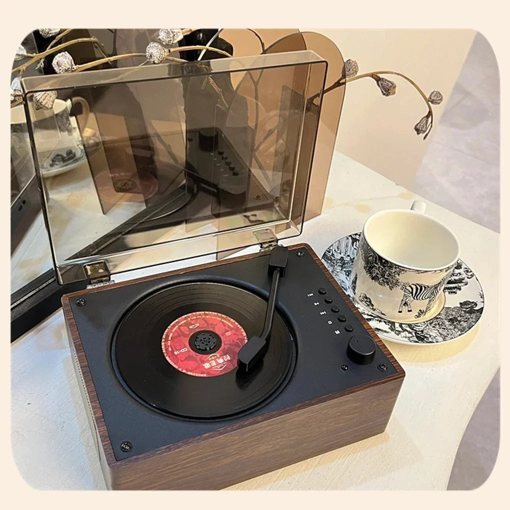 Compact Desktop Audio System Wireless Bluetooth 5.1 Disc Player Walnut Wood Design USB AUX Built-In Speaker 2000mAh Rechargeable Battery Rem