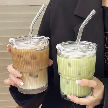Insulated Glass Tumbler with Straw & Lid - Heat-Resistant Borosilicate Cup for Hot & Cold Drinks - Portable Coffee Mug for Commute, Office,