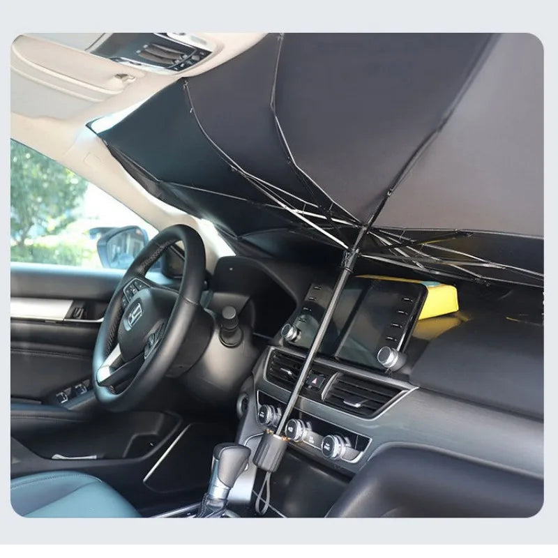 Foldable Windshield Sun Shade for Car | Umbrella Style Heat Blocker with UV Protection | Quick Deploy Reflective Sunshade for Front Window