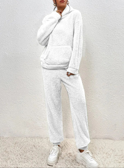 Hooded Teddy Fleece Loungewear Set for Women – Two-Piece Oversized Sweatsuit with Pocket – Cozy Winter Homewear Outfit