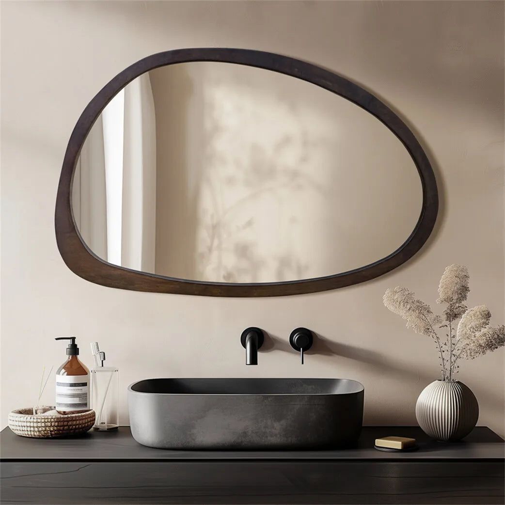 Asymmetric Wooden Frame Mirror 20x28 in Walnut Finish Rubberwood Contemporary Decor for Entryway Living Room Bedroom Hallway