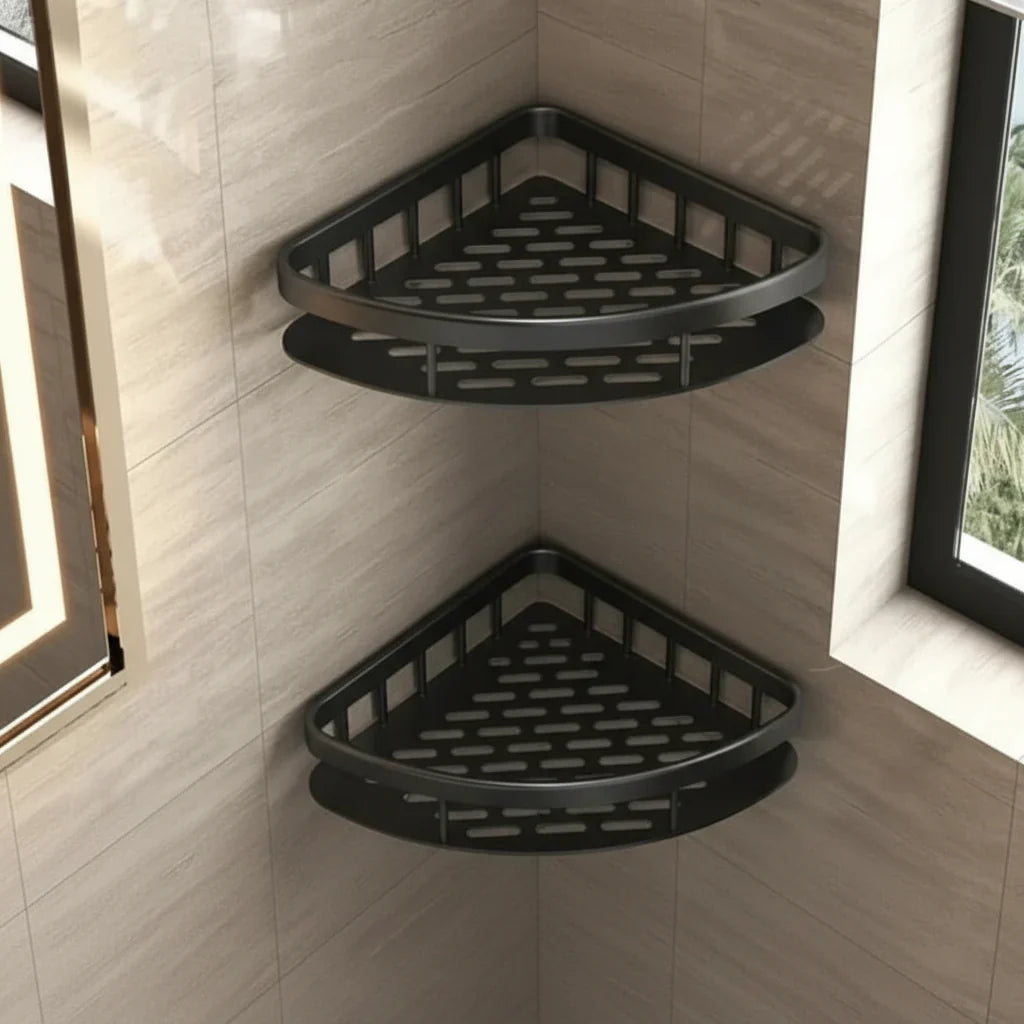 Wall-Mounted Corner Organizer Rack ABS Adhesive No-Drill Bathroom Caddy Triangle Rectangle Shape Holds Shampoo Soap Toiletries for Small Spa