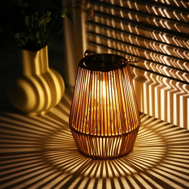 Woven Basket Lantern with Solar LED Light Outdoor Hanging Decor 8 in for Patio Garden Deck Yard Porch Balcony Table Cordless Battery-Free Wa