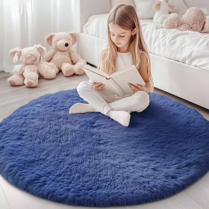 Round Shag Area Rug 59 Inch – Ultra Soft Plush Circle Carpet for Living Room Bedroom Playroom Nursery – Non-Slip Backing Machine Washable