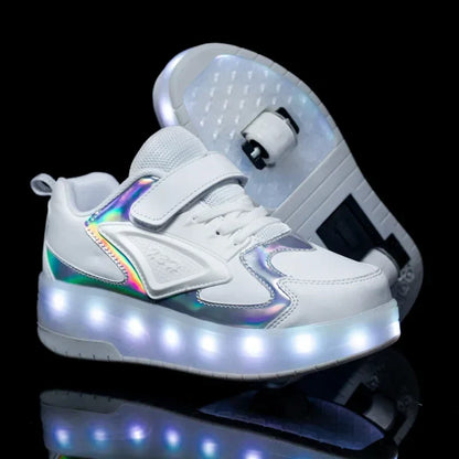 Kids Light-Up Skate Sneakers with Wheels Pink LED Roller Shoes Velcro Strap Boys Girls Youth Rechargeable Glowing Athletic Footwear