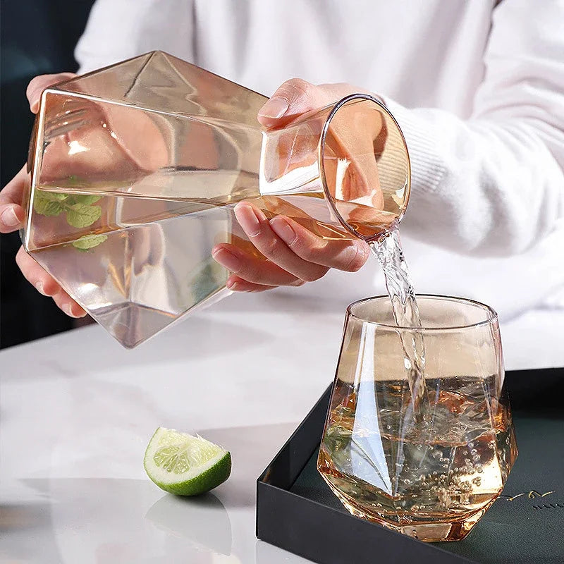 Geometric Glass Pitcher and Tumbler Set for Cocktails, Water & Juice – 5-Piece Beverage Serving Collection with Wooden Stopper