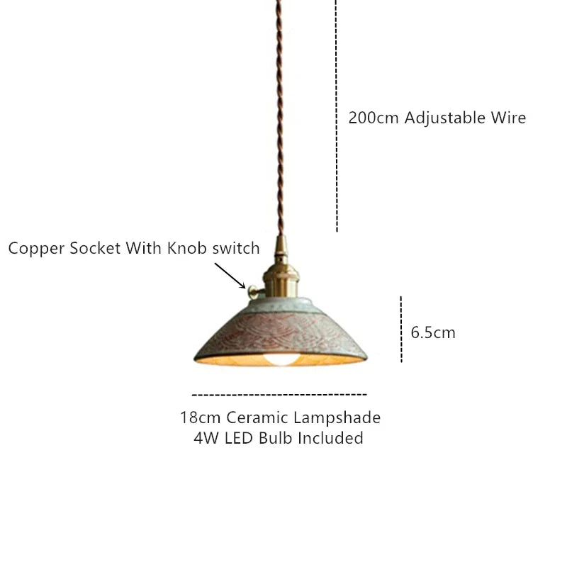 Ceramic Hanging Light Fixture with Unique Floral Designs for Kitchen, Dining Room, Cafe | Artisan Crafted Copper Hardware Pendant Lamp