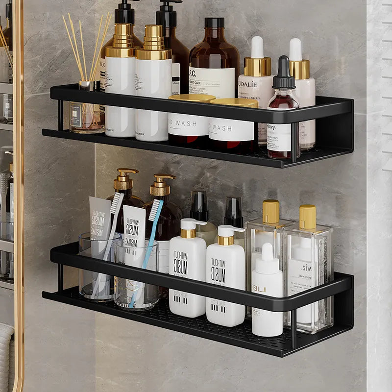 Wall-Mount Aluminum Bathroom Caddy – Black Storage Ledge for Soap, Shampoo & Toiletries – Space-Saving Organizer for Shower & Kitchen