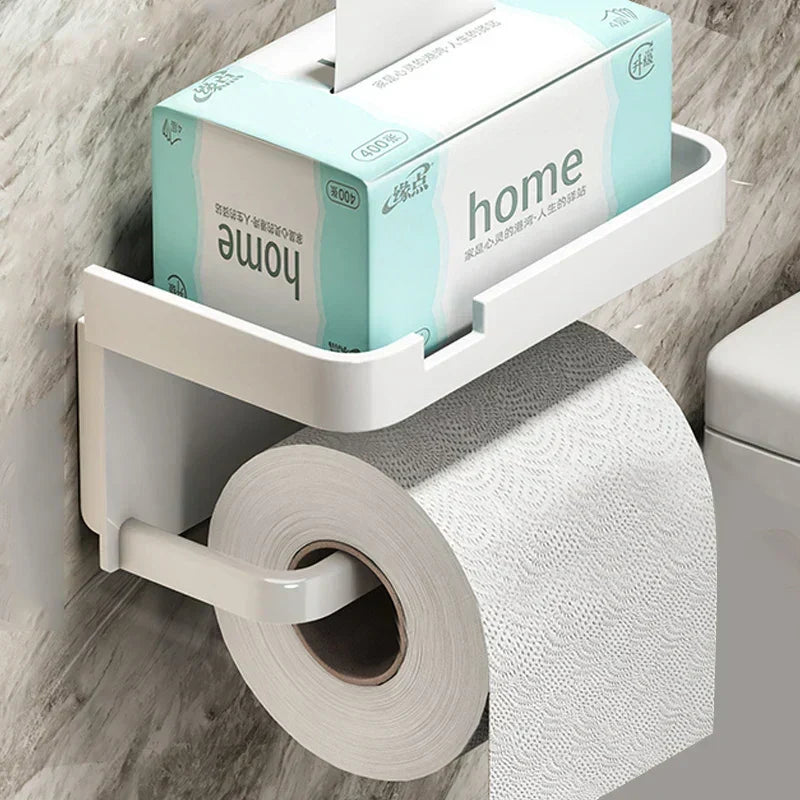 Wall-Mount Bathroom Tissue Holder with Top Shelf for Phone Storage Black Aluminum 7.2 Inch Powder Room Organizer Compact Space-Saving Access