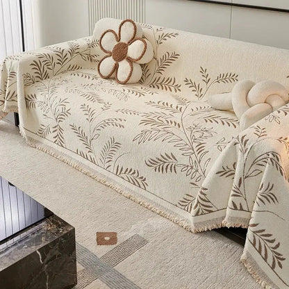 Chenille Jacquard Leaf Sofa Throw Blanket with Non-Slip Backing | Scratch-Resistant Textured Furniture Cover for Couch Protection