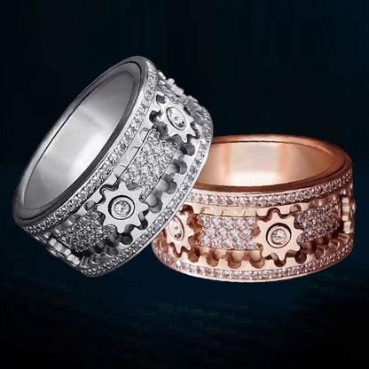 Rotating Gear Ring with 6 Moving Cogs – Stainless Steel Fidget Spinner Ring with Cubic Zirconia Stones for Focus & Stress Relief