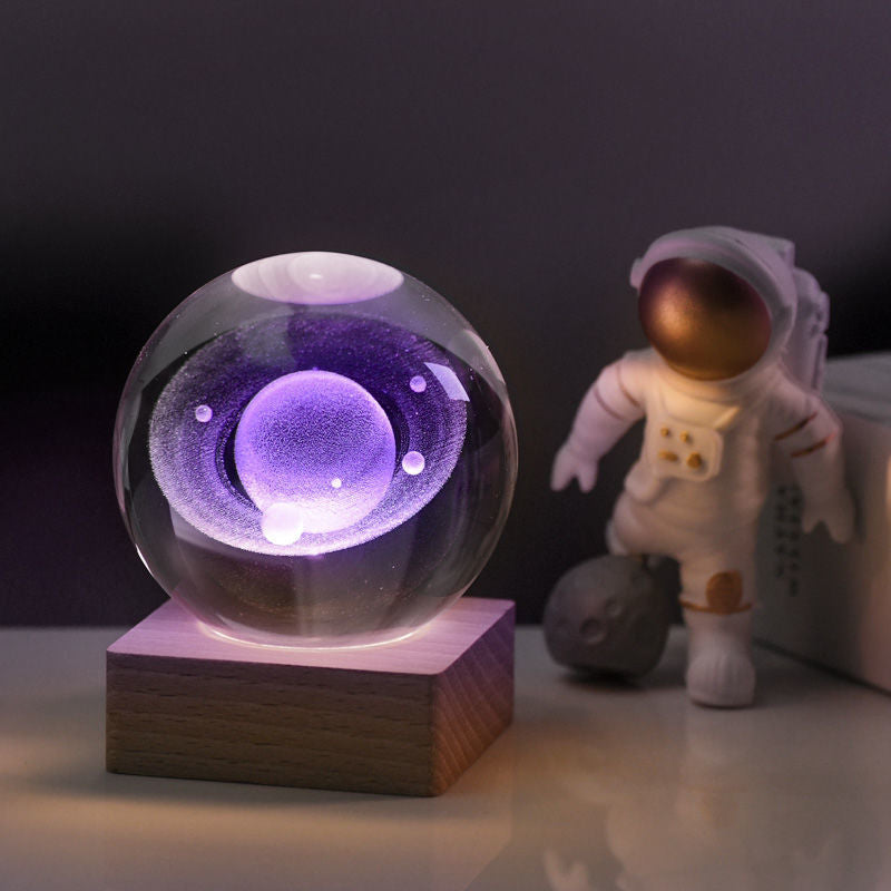 Crystal Sphere LED Nightlight 2.4 in 3D Engraved Accent Lamp Wooden Base USB Powered for Bedroom Office Desk Ambient Glow Decorative Lightin