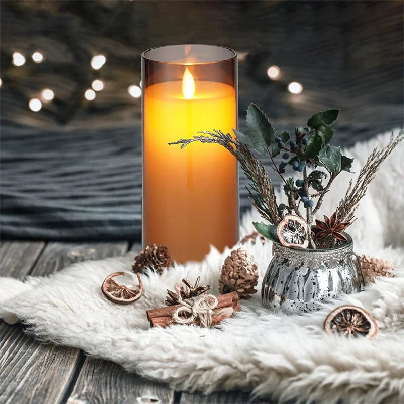 Battery-Operated LED Pillar Candles with Remote Control Timer Set of 3 Realistic Flickering Light Amber Smoke Clear Glass for Dining Room Be